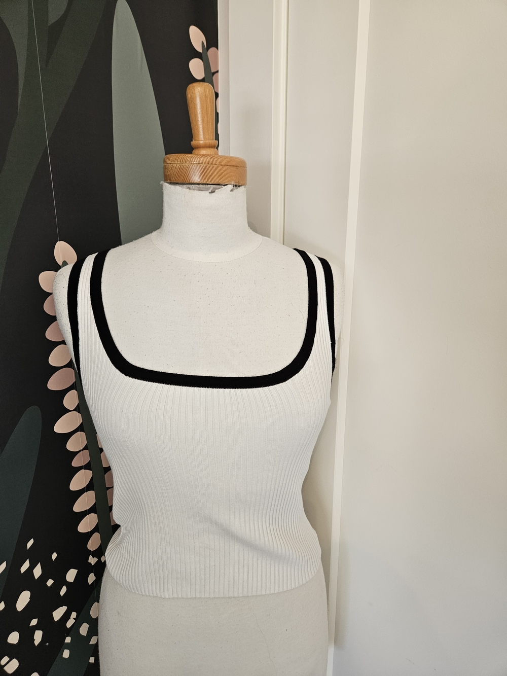 H&M White Ribbed Square Neck Tank with Black Trim